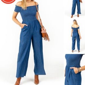 OFF THE SHOULDER DENIM JUMPSUIT